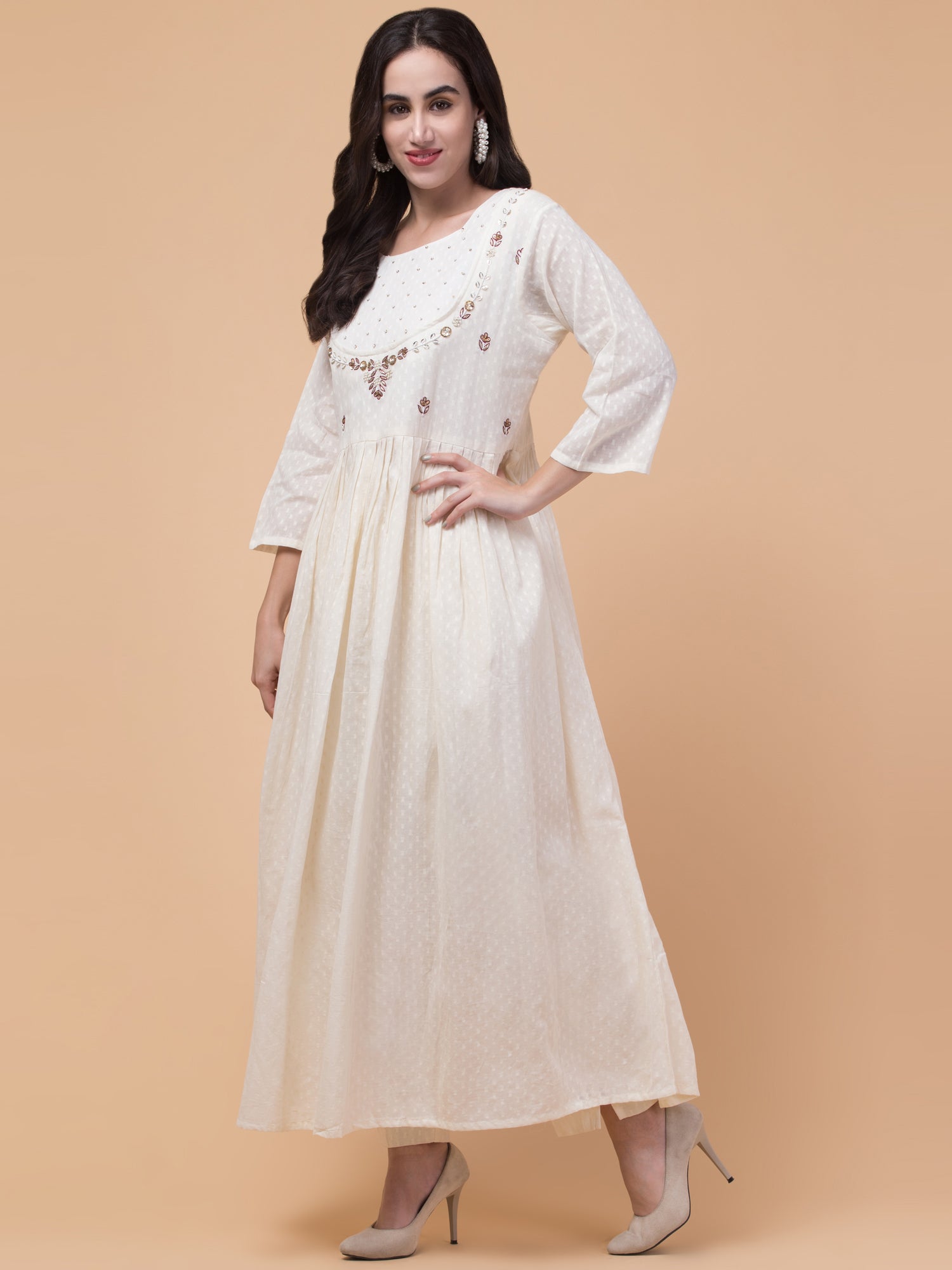 Malana Merino Wome's Flared Off White Salwar Suit with Dupatta