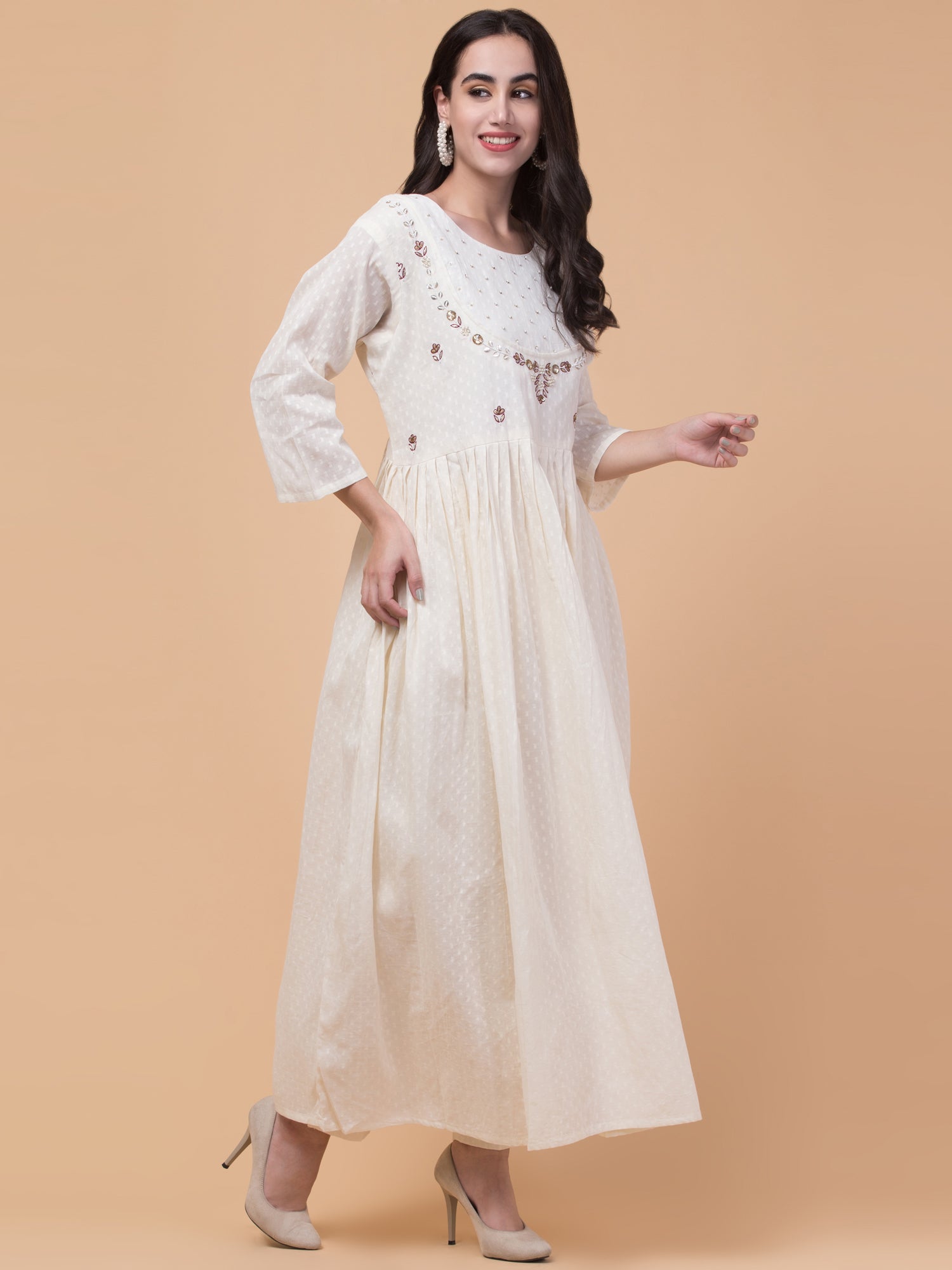 Malana Merino Wome's Flared Off White Salwar Suit with Dupatta