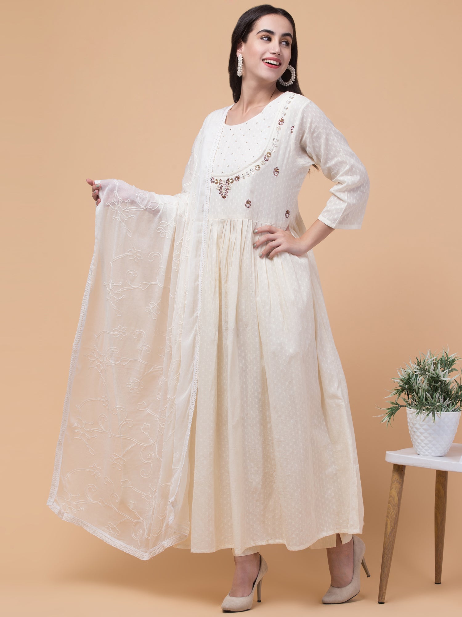 Malana Merino Wome's Flared Off White Salwar Suit with Dupatta