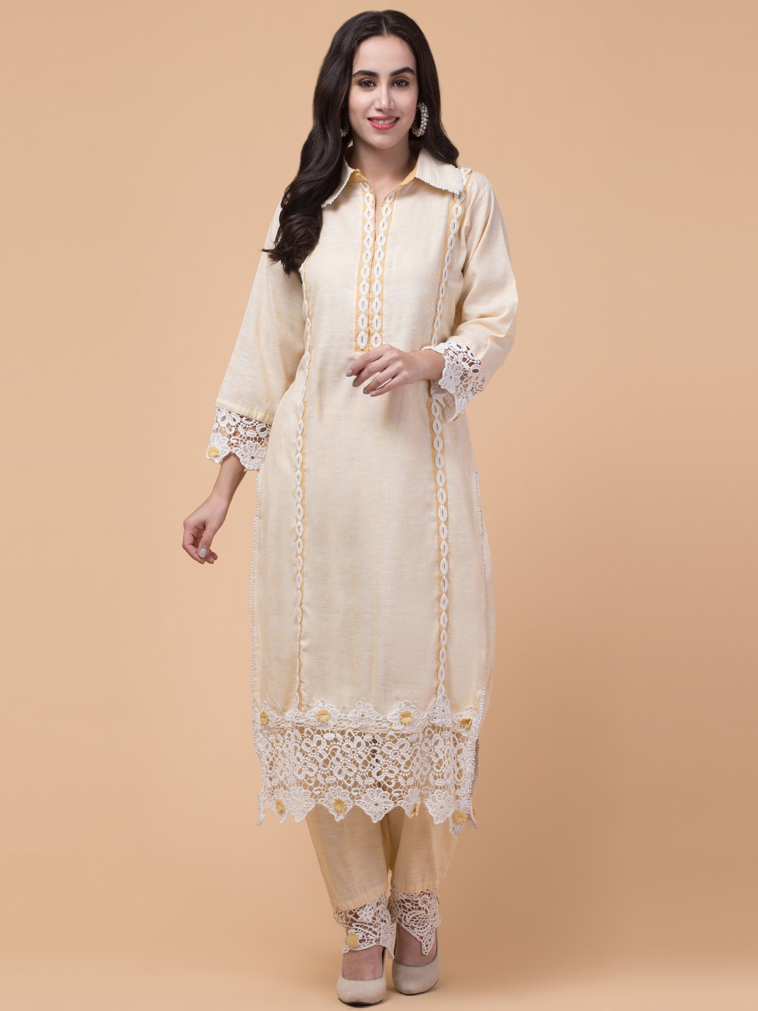 Malana Merino Women's Pakistani Beige 3 Pcs Suit with Dupatta.