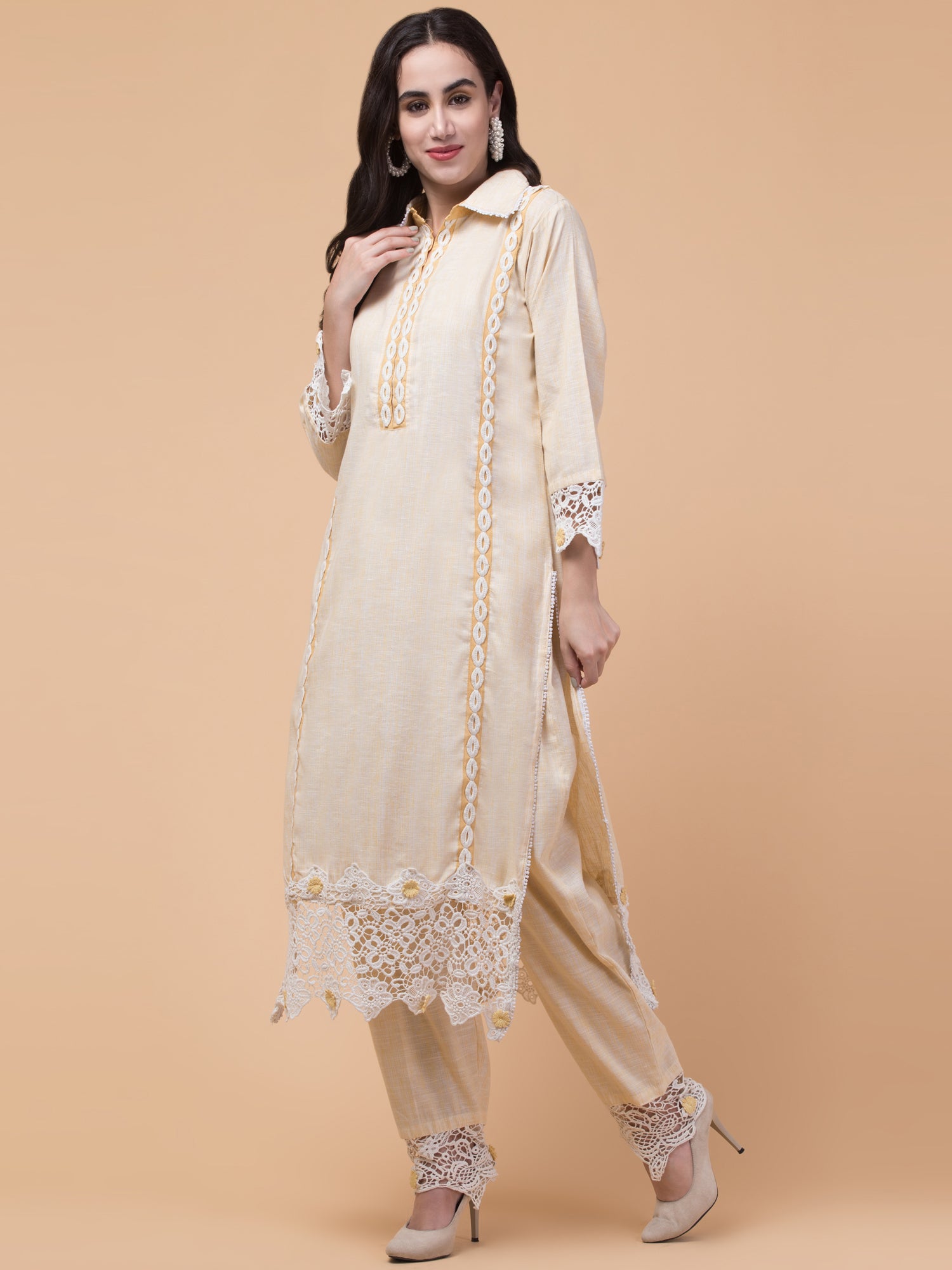 Malana Merino Women's Pakistani Beige 3 Pcs Suit with Dupatta.