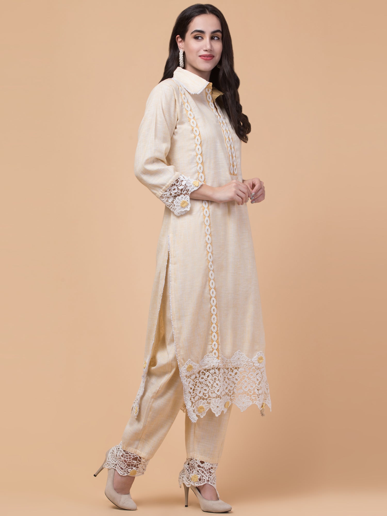 Malana Merino Women's Pakistani Beige 3 Pcs Suit with Dupatta.