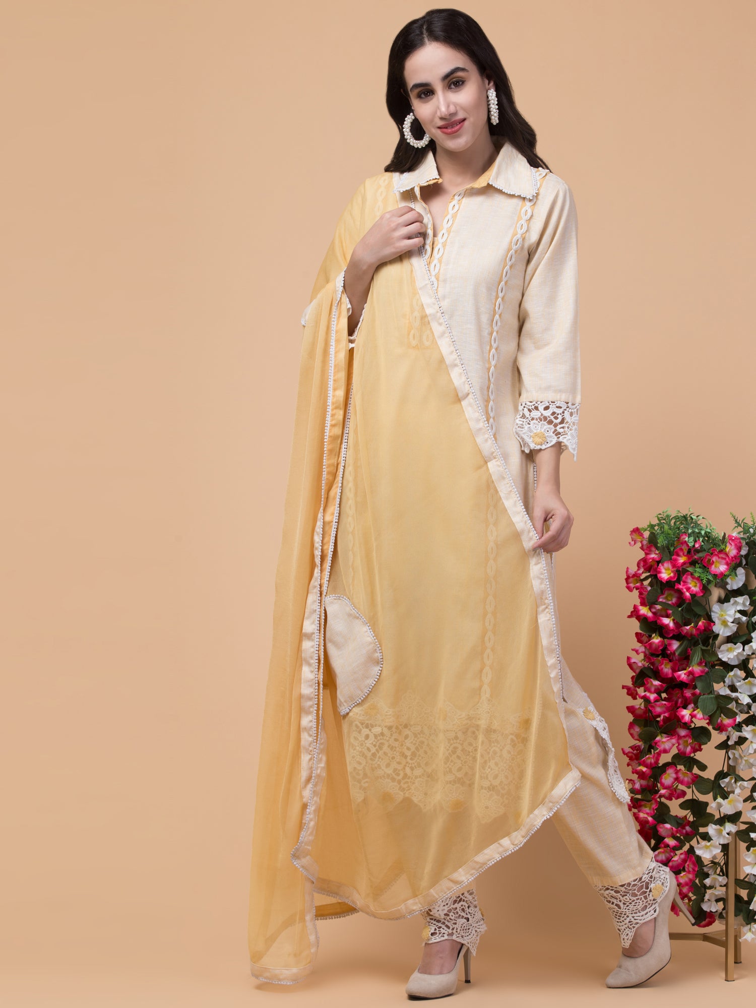 Malana Merino Women's Pakistani Beige 3 Pcs Suit with Dupatta.