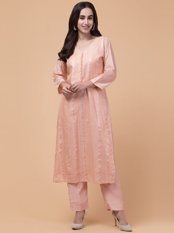 Malana Merino Wome's Straigth Peach Salwar Suit with Dupatta