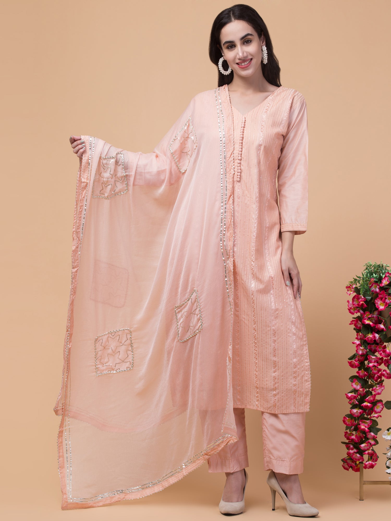 Malana Merino Wome's Straigth Peach Salwar Suit with Dupatta
