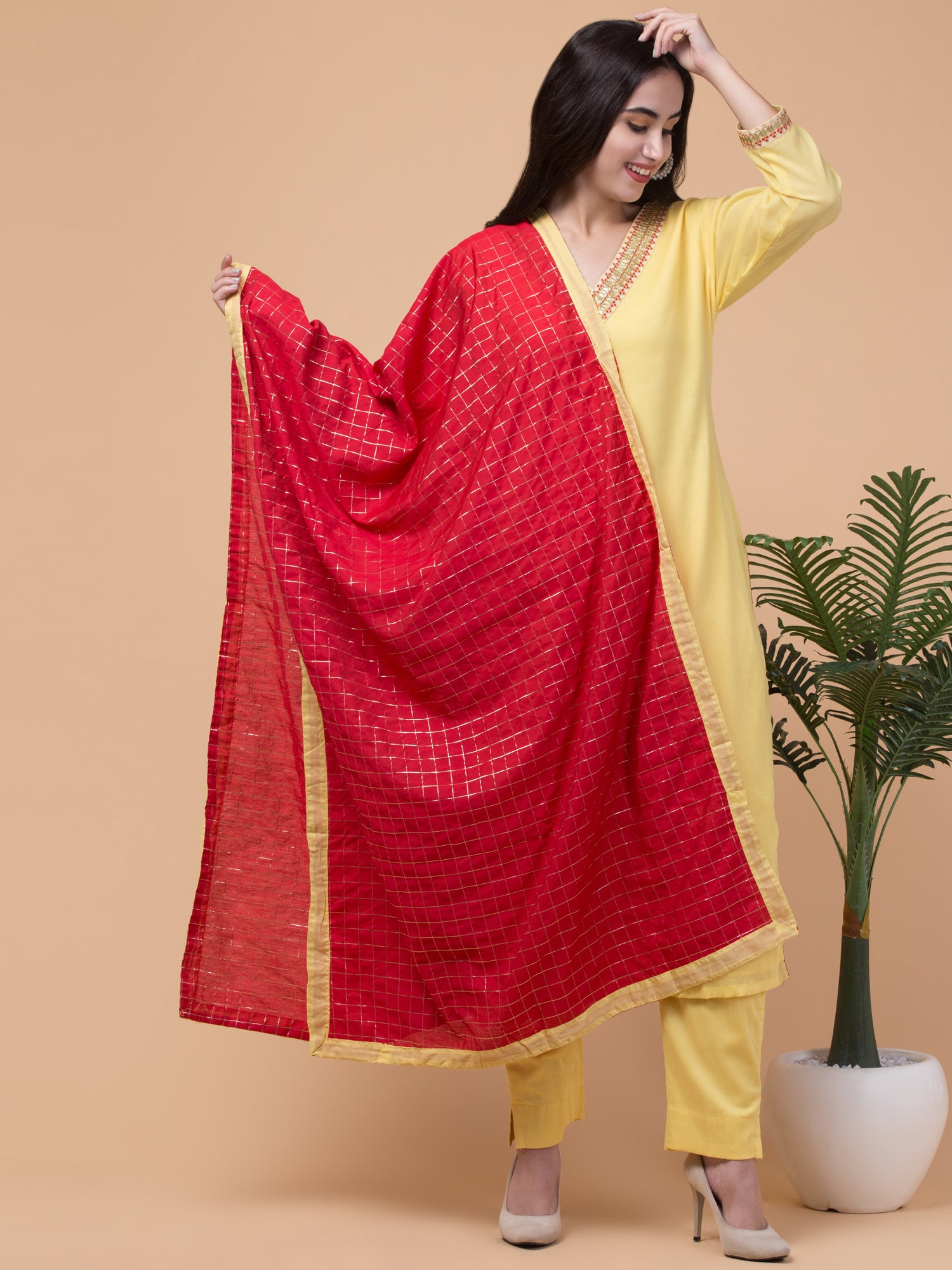 Malana Merino Wome's Straigth Yellow V Neck Salwar Suit with Dupatta
