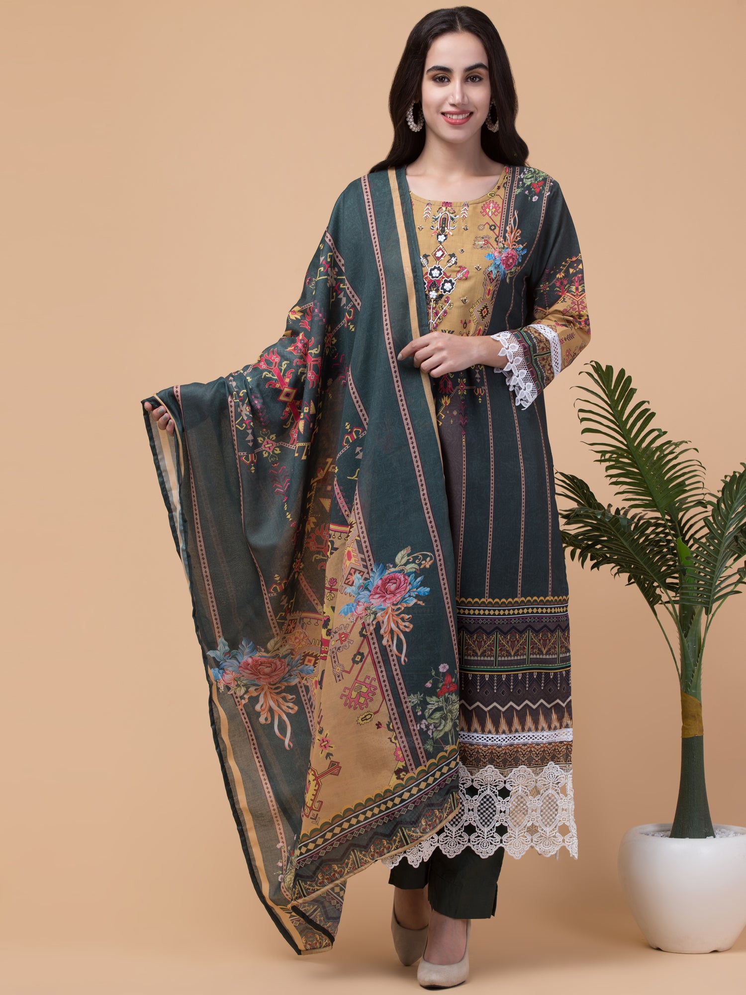 Malana Merino Women's Pakistani Mehndi Salwar Suit with Dupatta.