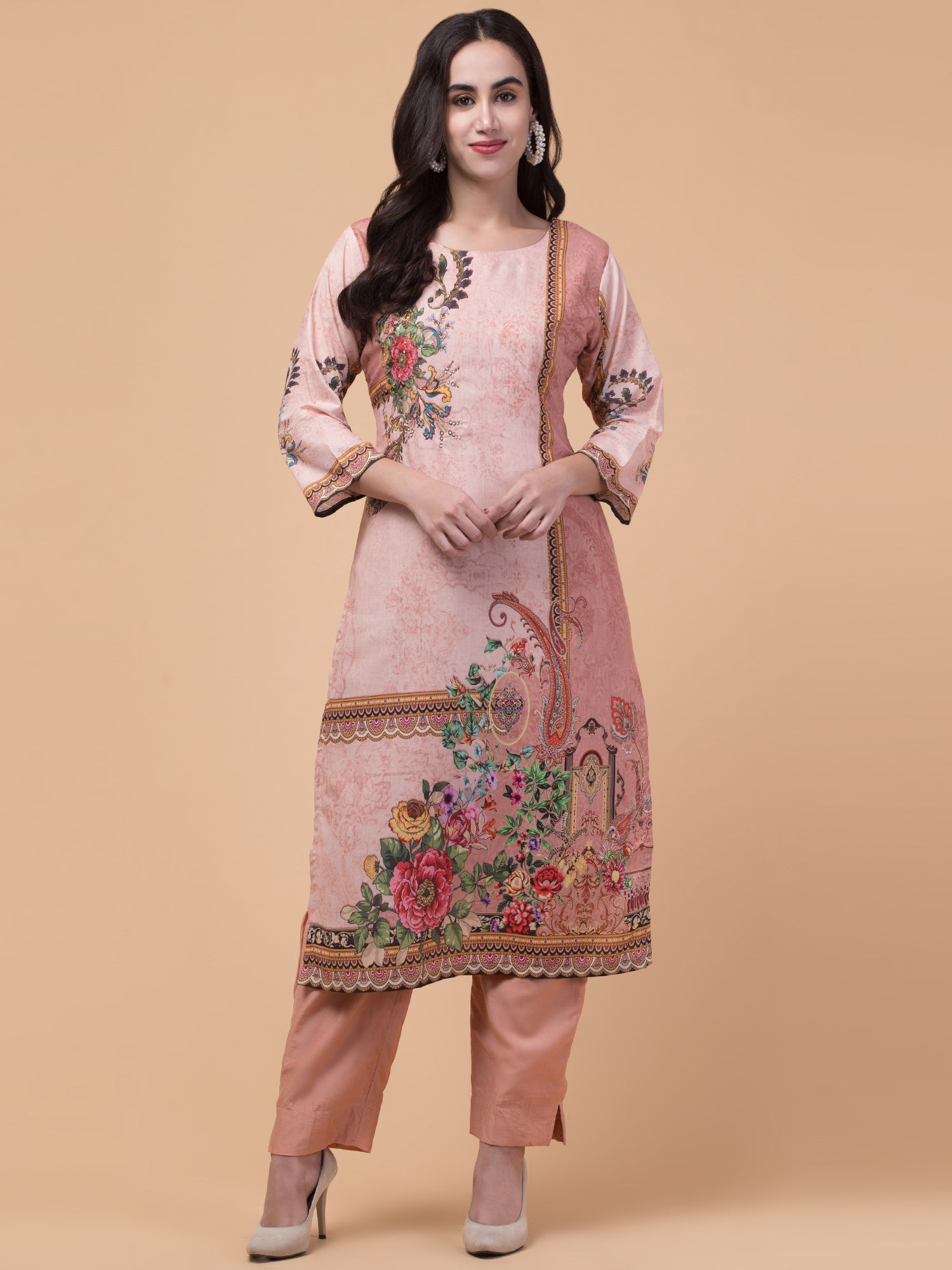 Malana Merino Women's Pakistani Peach Salwar Suit with Dupatta.