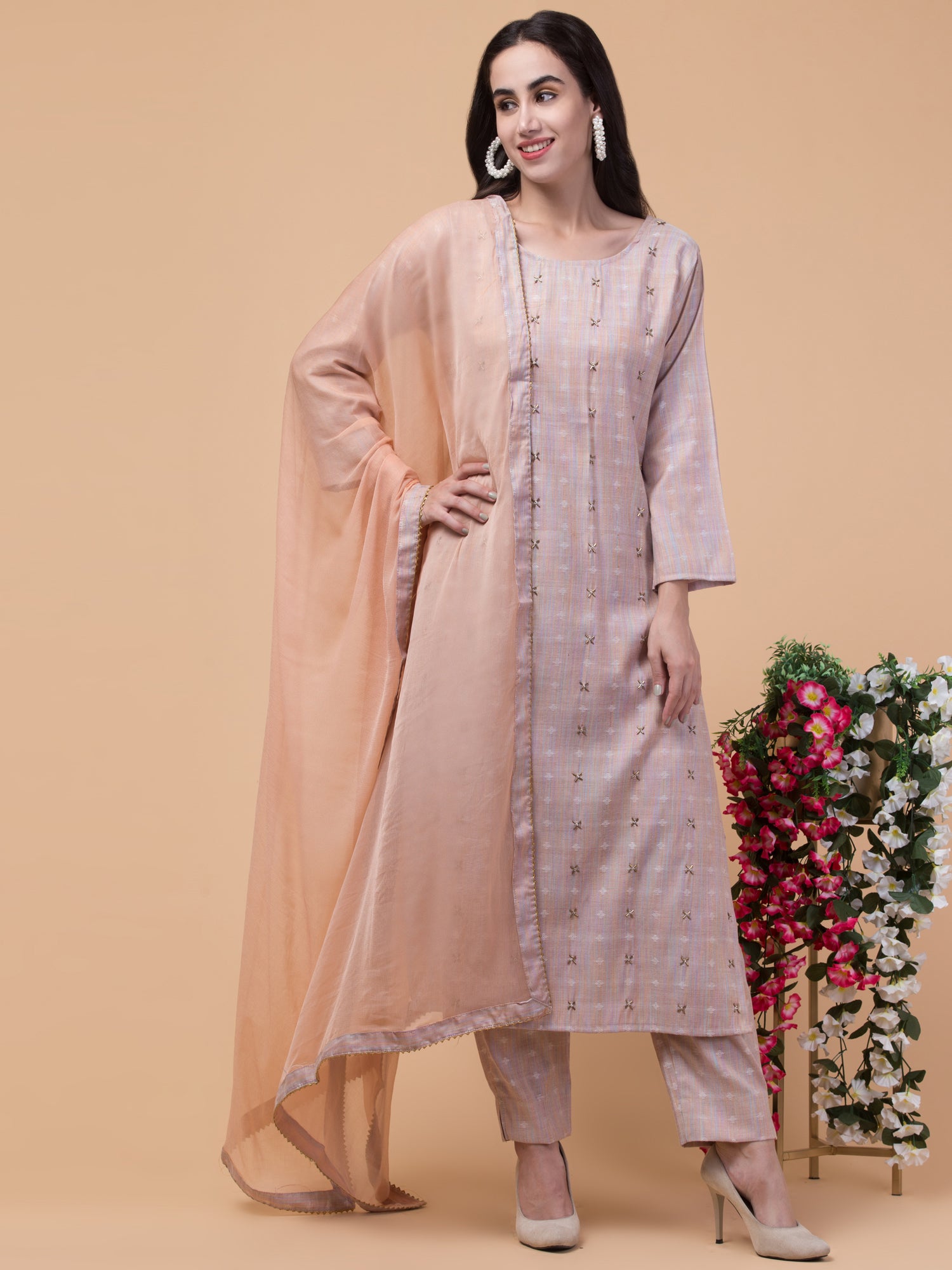 Malana Merino Women's Salwar Suits Set Peach (With Dupatta)