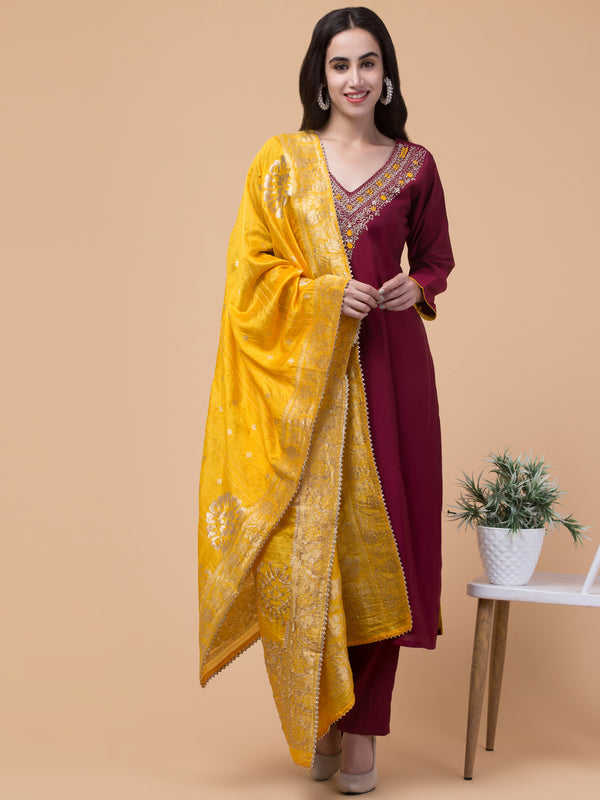 Malana Merino Women's Salwar Suits Set V Neck Maroon (With Dupatta)