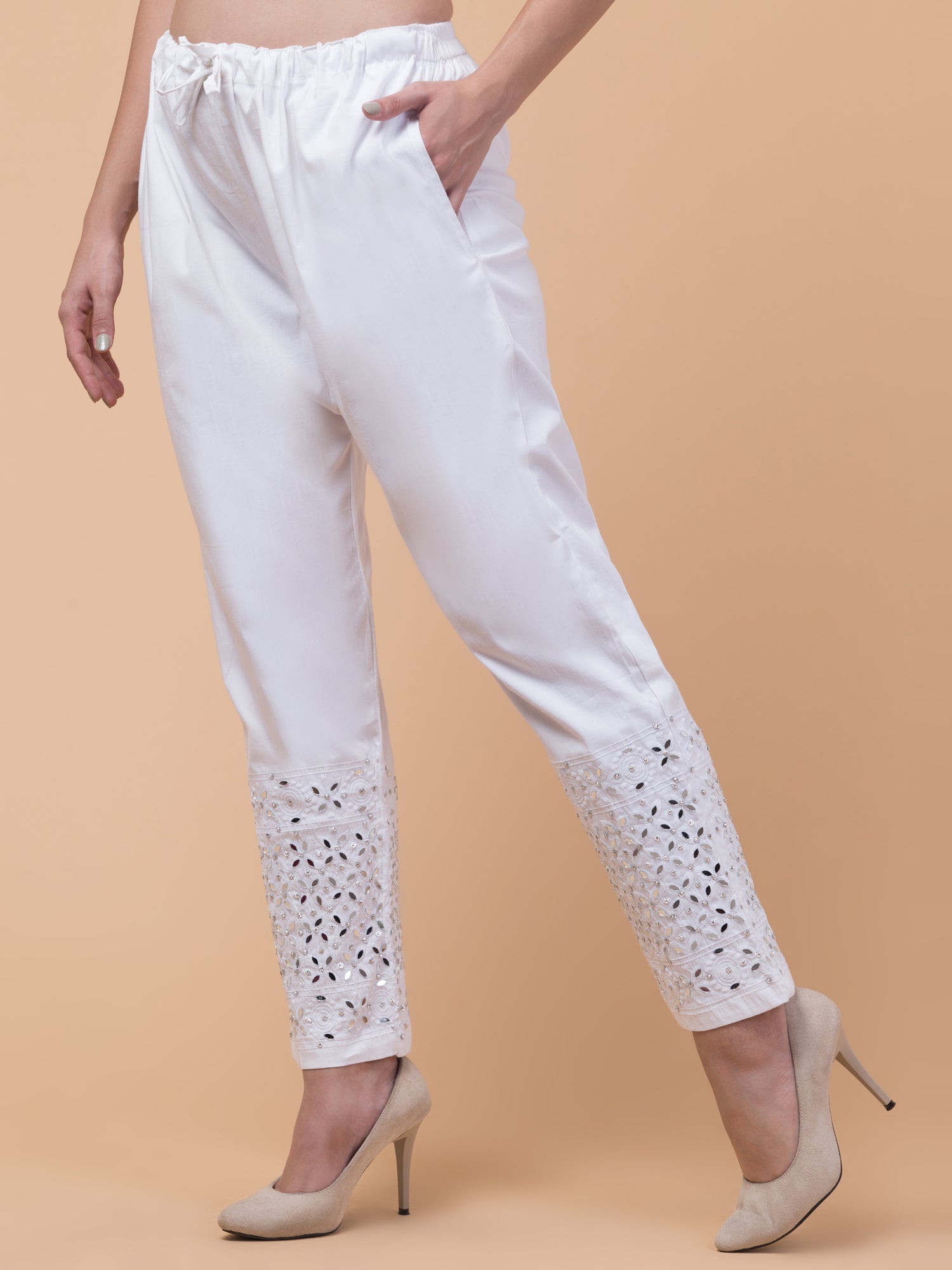 Malana Merino White Women/Girl's Stone Work Pant / Lower