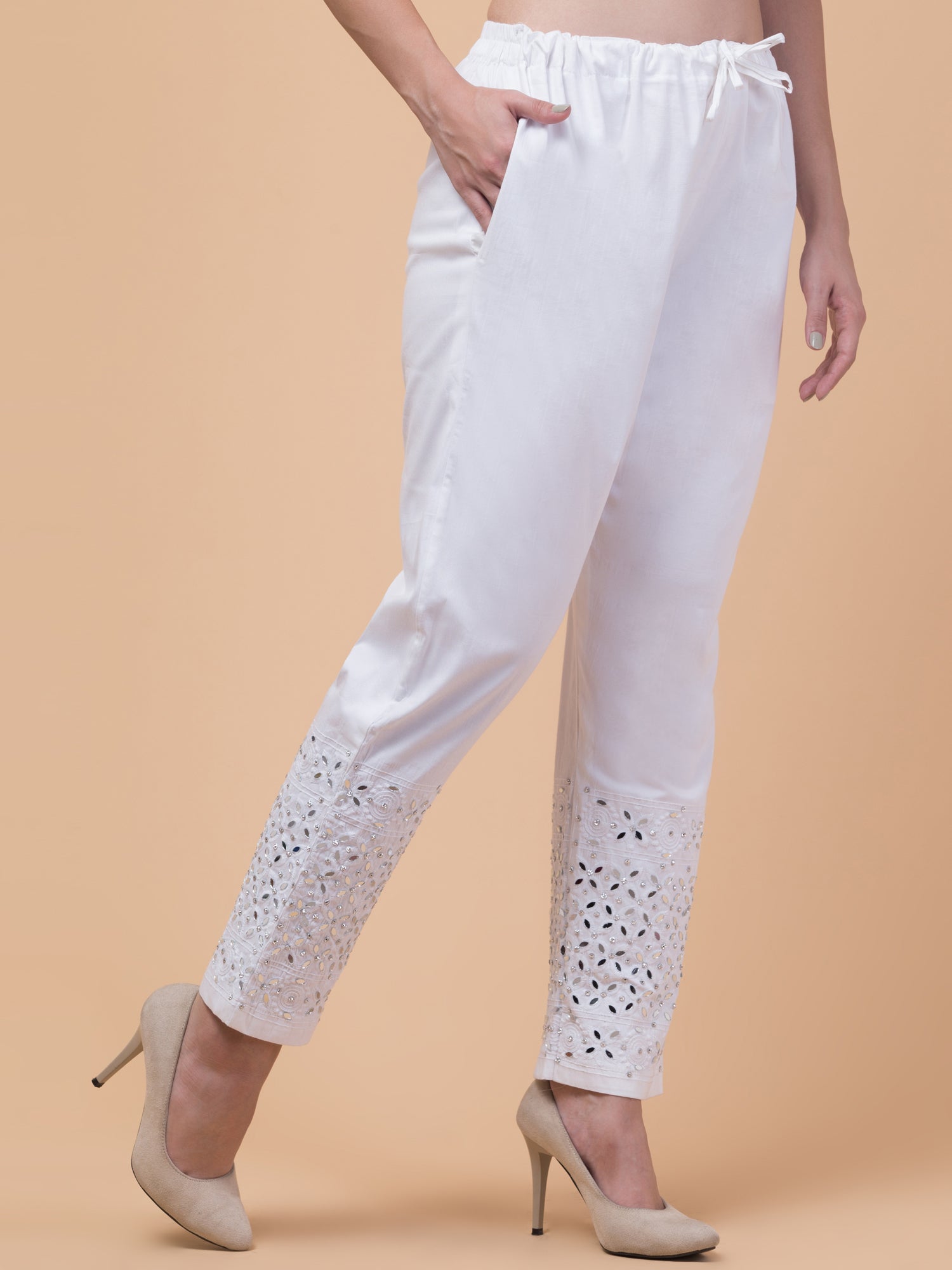 Malana Merino White Women/Girl's Stone Work Pant / Lower