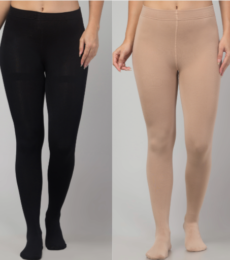 Malana Merino Women & Girl's Full Length High Waisted Warm Pantyhose Stockings (Pack of 2) Black & Skin