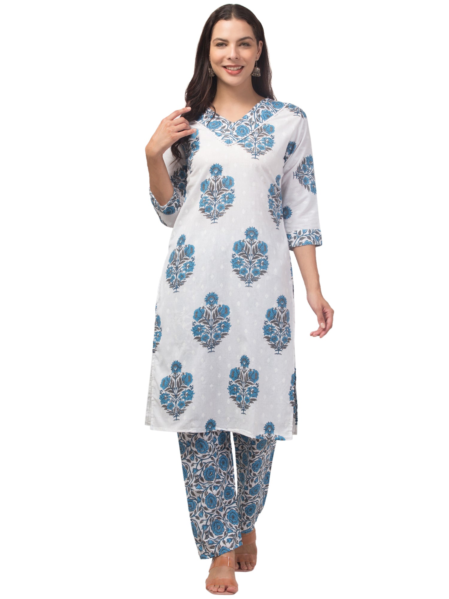 Malana Merino Girl / Women's Cotton  Floral Print White and Blue  V - Neck 3 Pc Kurta Set.