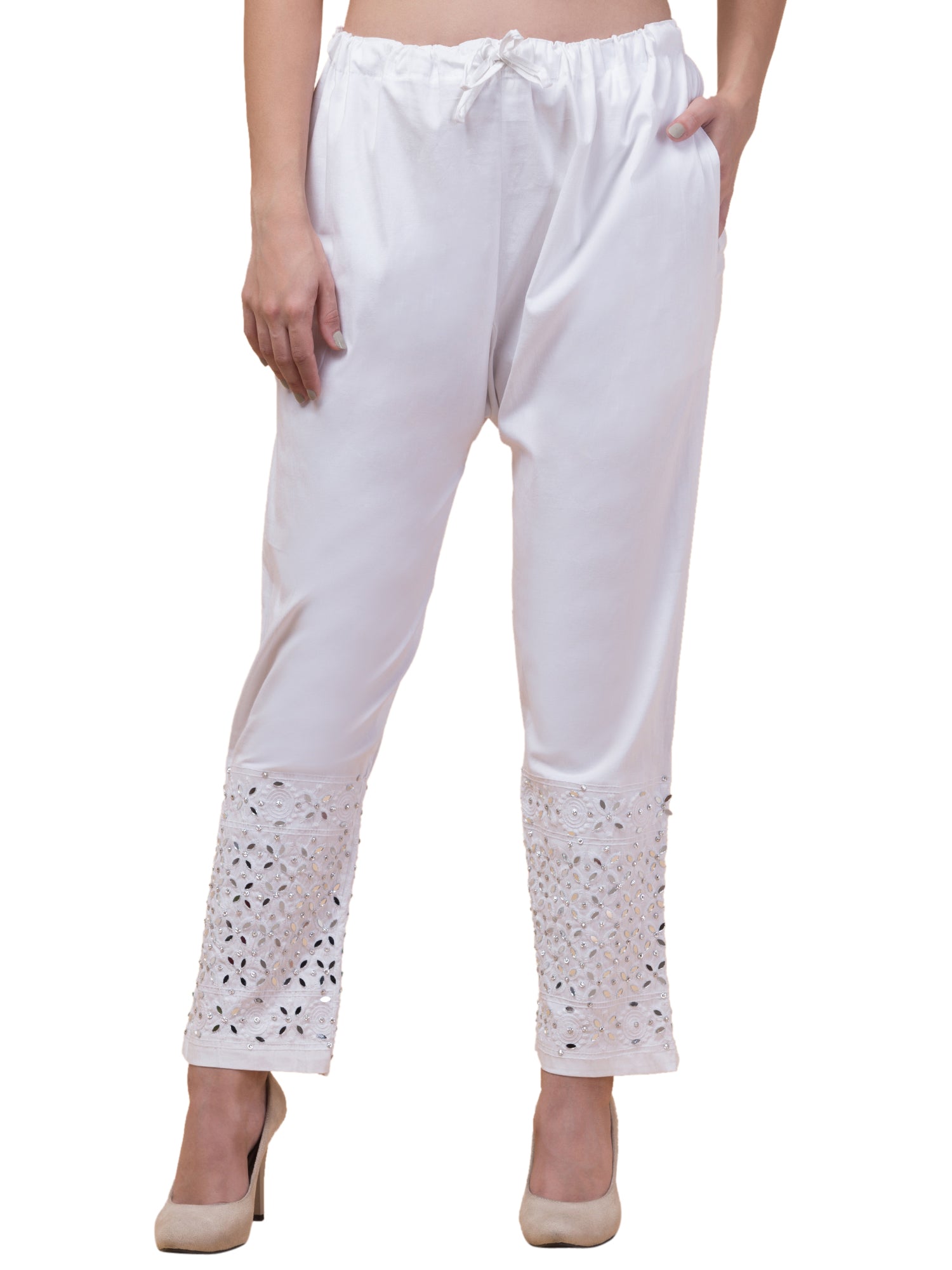 Malana Merino White Women/Girl's Stone Work Pant / Lower