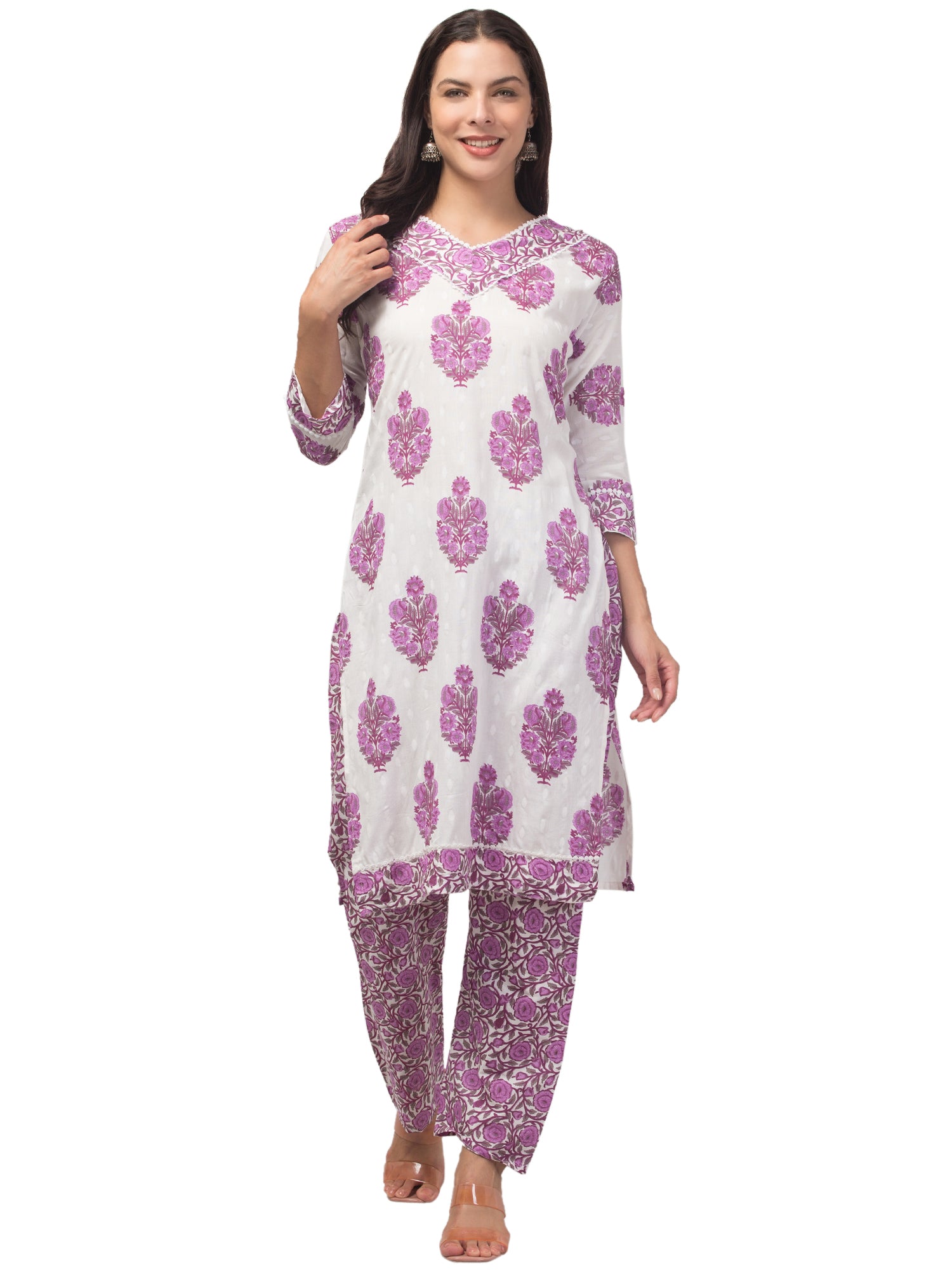 Malana Merino Girl / Women's Cotton  Floral Print White and Violet V - Neck 3 Pc  Kurta Set
